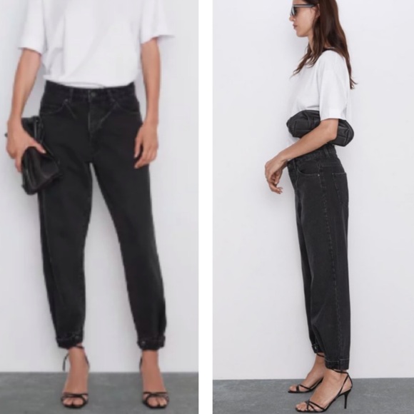 Zara Denim - Zara 6 Black High Rise Relaxed Mom Jeans With Cuffed Button Hem Pleated